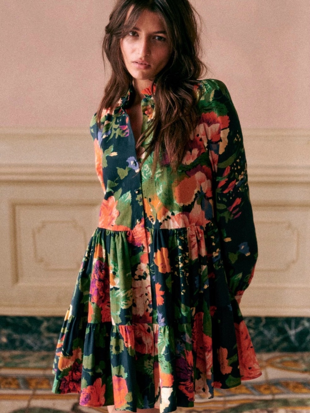 Sezane Hidaya Tiered Long-Sleeve Floral Dress in Deep Green - Size 34